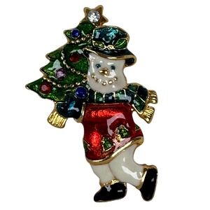 VTG Christopher Radko Snowman Pin Brooch Christmas Tree Enamel Gold Tone Festive